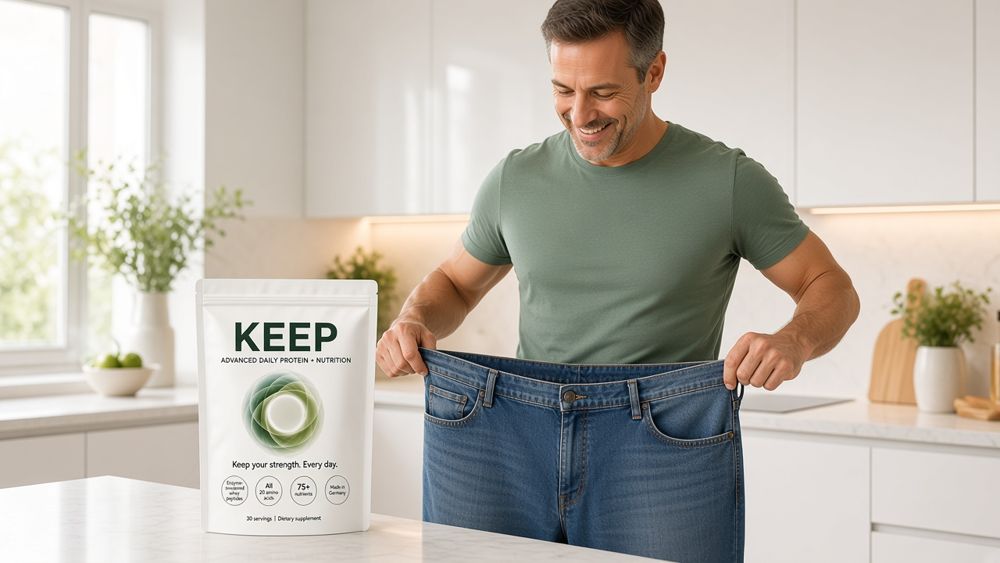 Smiling man in a green T-shirt holding out the waistband of loose jeans in a bright kitchen, a KEEP pouch on the counter